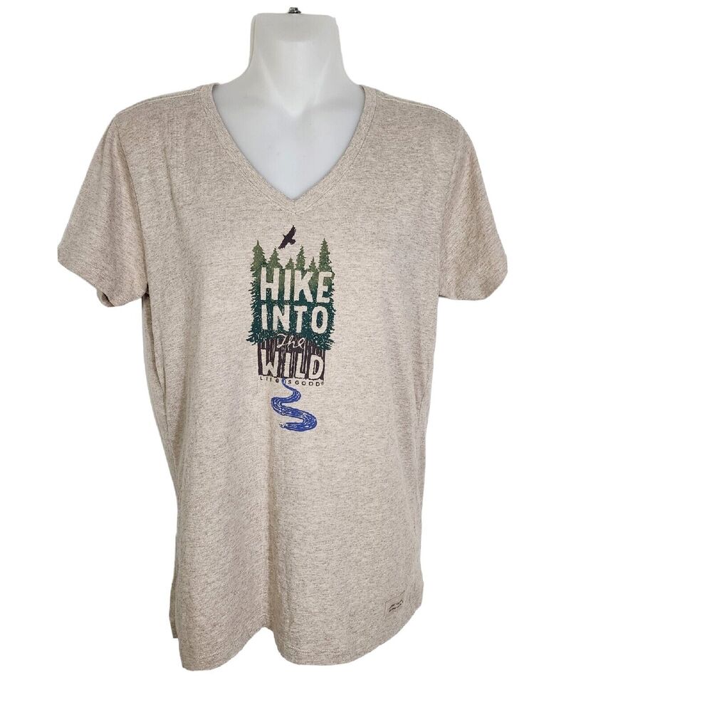 Life is Good Womens Crusher Tee Small Brown Hike Into Wild V Neck Short Sleeve